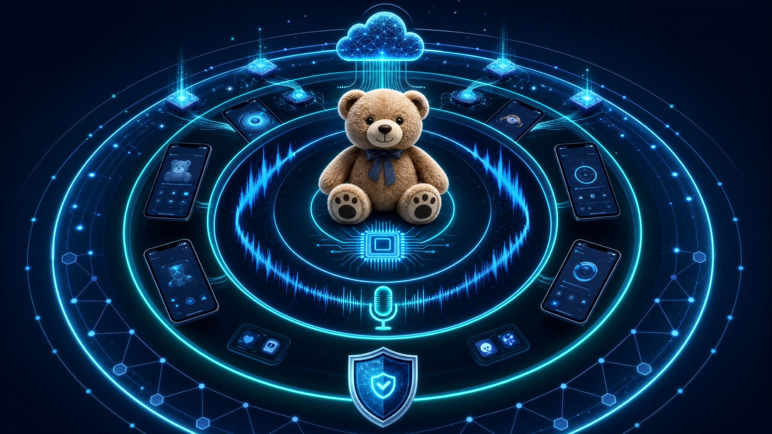 AI platform concentric rings around plush bear